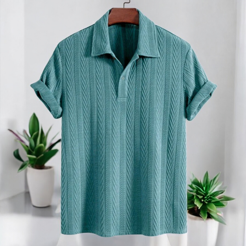 Turquoise Blue Knitted Geometric Jacquard Polo