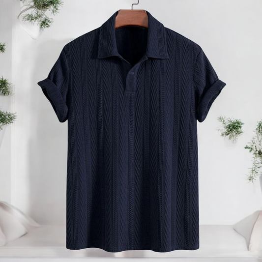 Navy Blue Knitted Geometric Jacquard Polo