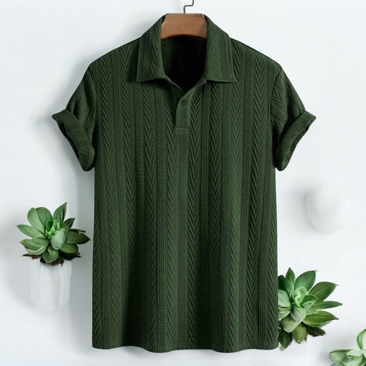 Bottle Green Knitted Geometric Jacquard Polo