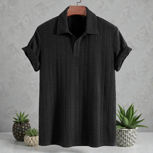 Black Knitted Geometric Jacquard Polo