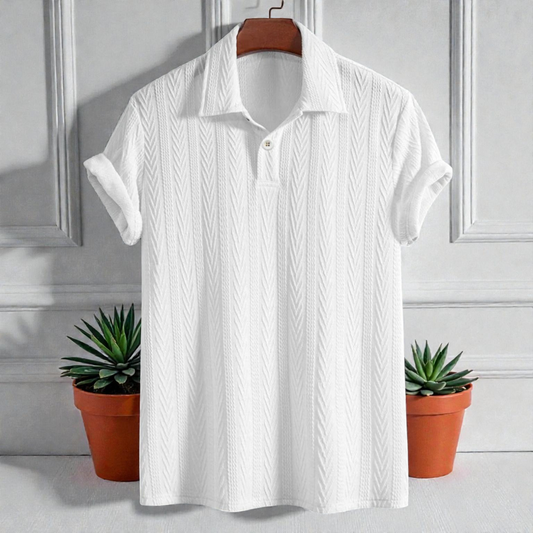 White Knitted Geometric Jacquard Polo